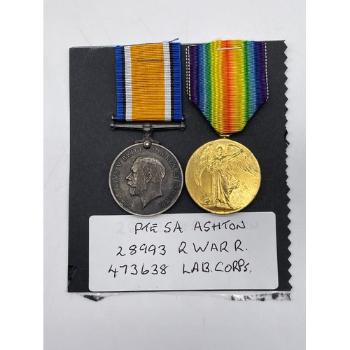 438 - WWI MEDAL DUO TO 28993 PTE S.A.ASHTON R.WAR.R