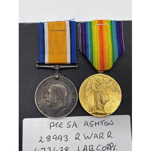 438 - WWI MEDAL DUO TO 28993 PTE S.A.ASHTON R.WAR.R