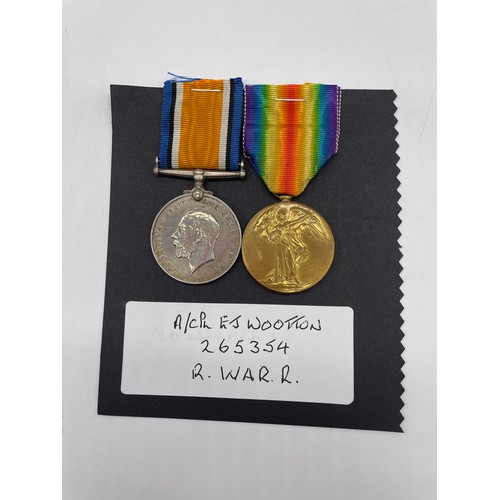 440 - WWI MEDAL DUO TO 265354 A.CPL.E J WOOTTON R.WAR.R