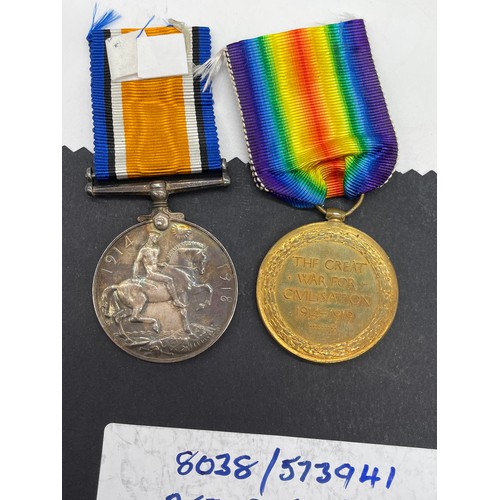 449 - WWI MEDAL DUO 8038 PTE CJ. DAWSON 17 LOND.R