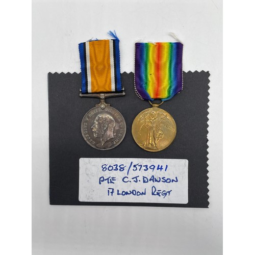 449 - WWI MEDAL DUO 8038 PTE CJ. DAWSON 17 LOND.R