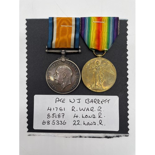 439 - WWI MEDAL DUO 41781 PTE W.J. BARRETT R.WAR.R