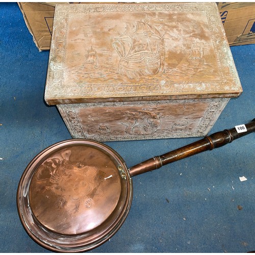100A - COPPER WARMING PAN AND EMBOSSED BOX