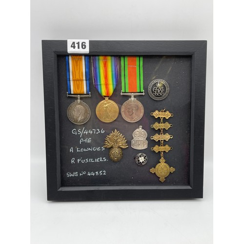 416 - TWO WWI DUO AND WWII MEDAL TO GS/44736 PTE A.LOWNDES R FUSILIERS SWB 44852 WITH ARP BADGE AND OTHERS