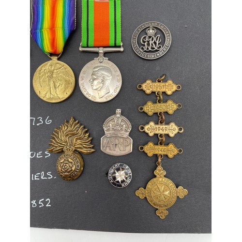 416 - TWO WWI DUO AND WWII MEDAL TO GS/44736 PTE A.LOWNDES R FUSILIERS SWB 44852 WITH ARP BADGE AND OTHERS