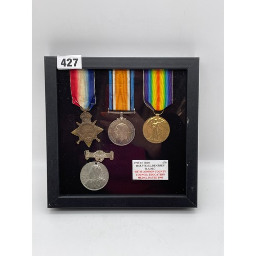 427 - 1914/15 TRIO 1668 PTE S.L. DENBREY R.A.M.C WITH A LONDON COUNTY COUNCIL EDUCATION MEDAL