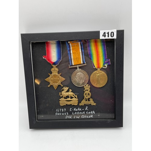 410 - MILITARY MONS STAR 1914 TRIO MEDAL GROUP 16737 PTE. J.W. BAKER R.BERKS.R WITH ROYAL BERKSHIRE AND LA... 