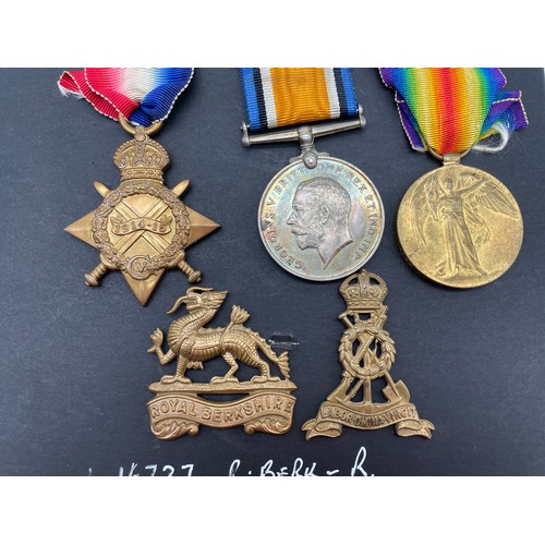 410 - MILITARY MONS STAR 1914 TRIO MEDAL GROUP 16737 PTE. J.W. BAKER R.BERKS.R WITH ROYAL BERKSHIRE AND LA... 