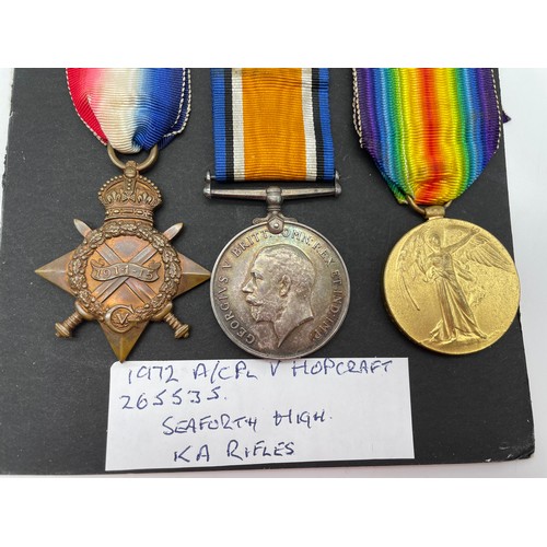 409 - MILITARY MONS STAR 1914 TRIO MEDAL GROUP 1979 A.CPL. V.HOPCRAFT SEA FORTH SEAFORTH HIGH  K.A. RIFLES... 