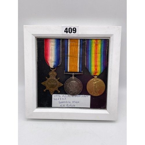 409 - MILITARY MONS STAR 1914 TRIO MEDAL GROUP 1979 A.CPL. V.HOPCRAFT SEA FORTH SEAFORTH HIGH  K.A. RIFLES... 