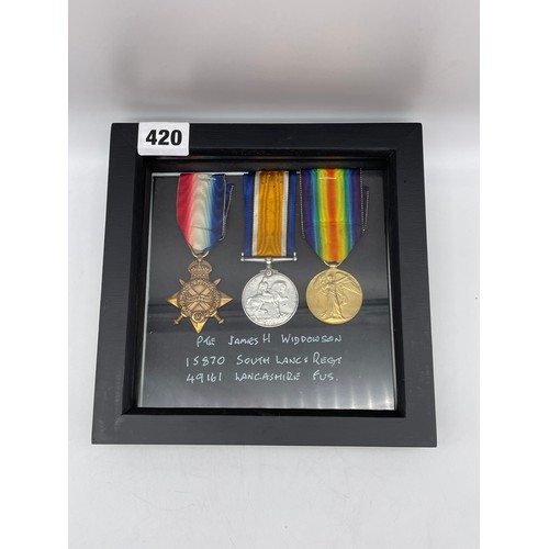 420 - WWI MEDAL TRIO TO 15870 PTE JAMES H WIDDOWSON 15870 SOUTH LANCS REG AND 49161 LANCS FUS