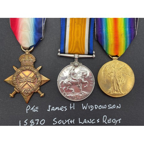 420 - WWI MEDAL TRIO TO 15870 PTE JAMES H WIDDOWSON 15870 SOUTH LANCS REG AND 49161 LANCS FUS