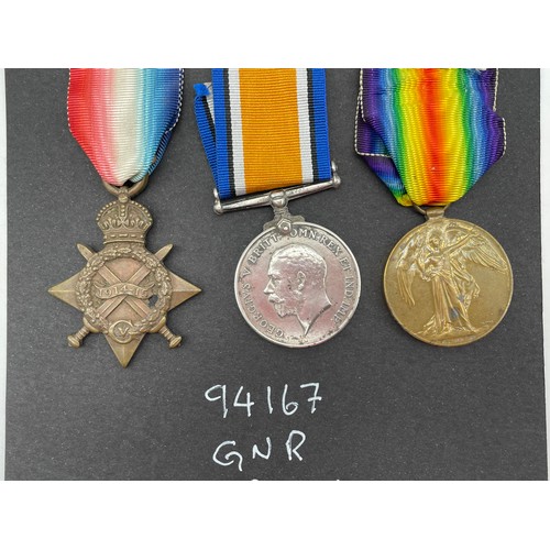 403 - MILITARY MONS STAR 1914 TRIO MEDAL GROUP 94167 G.N.R E.W. SPRINGALL R.F.A IN CASE