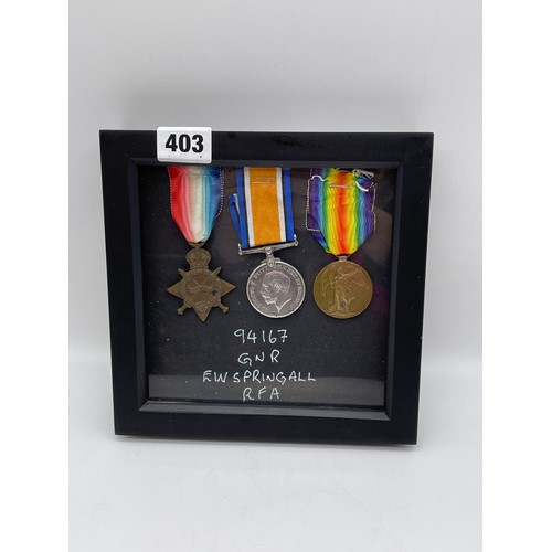 403 - MILITARY MONS STAR 1914 TRIO MEDAL GROUP 94167 G.N.R E.W. SPRINGALL R.F.A IN CASE