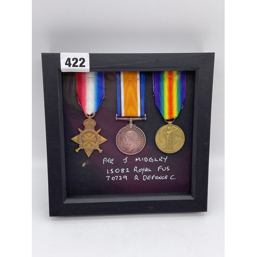 422 - WWI MEDAL TRIO PTE J. MIDGLEY 15082 ROYAL FUS AND 70739R DEFENCE C