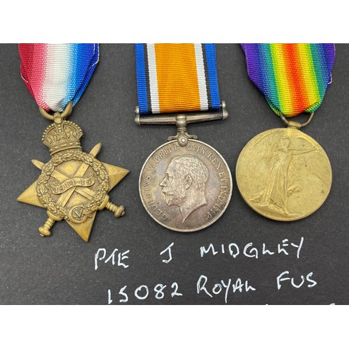 422 - WWI MEDAL TRIO PTE J. MIDGLEY 15082 ROYAL FUS AND 70739R DEFENCE C