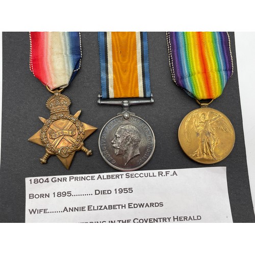 404 - MILITARY MONS STAR 1914 TRIO MEDAL GROUP 1804 GNR P.A.SECCULL R.F.A IN CASE