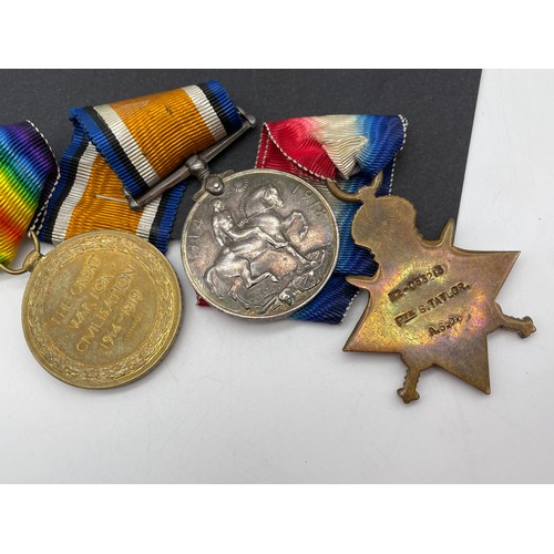 402 - MILITARY MONS STAR 1914 TRIO MEDAL GROUP M2/053213 PTE S TAYLOR A.S.C IN CASE