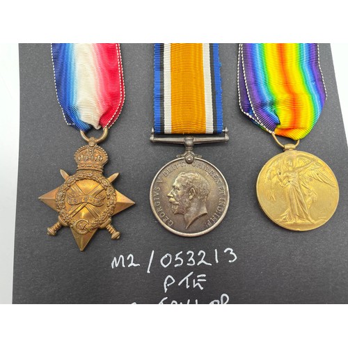 402 - MILITARY MONS STAR 1914 TRIO MEDAL GROUP M2/053213 PTE S TAYLOR A.S.C IN CASE