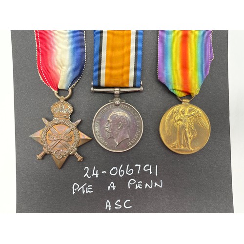 401 - MILITARY MONS STAR 1914 TRIO MEDAL GROUP 24-066791 PRIVATE A PENN A.S.C IN CASE