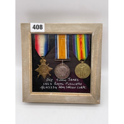 408 - MILITARY MONS STAR 1914 TRIO MEDAL GROUP P.T.E JOHN JAMES R.FUS 1923 ROYAL FUSILIERS IN CASE