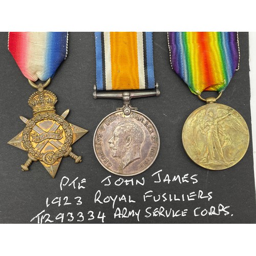 408 - MILITARY MONS STAR 1914 TRIO MEDAL GROUP P.T.E JOHN JAMES R.FUS 1923 ROYAL FUSILIERS IN CASE