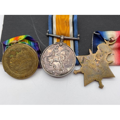 408 - MILITARY MONS STAR 1914 TRIO MEDAL GROUP P.T.E JOHN JAMES R.FUS 1923 ROYAL FUSILIERS IN CASE