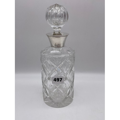 497 - SILVER COLLARED DIAMOND CUT DECANTER AND STOPPER