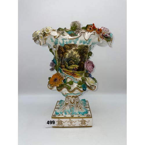 499 - 19TH CENTURY COALBROOKDALE STYLE PORCELAIN FLORAL ENCRUSTED CAMPANA URN WITH GILDED DETAIL A/F