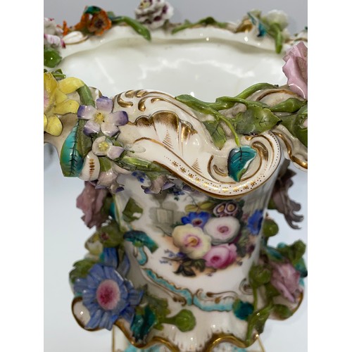 499 - 19TH CENTURY COALBROOKDALE STYLE PORCELAIN FLORAL ENCRUSTED CAMPANA URN WITH GILDED DETAIL A/F