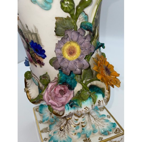 499 - 19TH CENTURY COALBROOKDALE STYLE PORCELAIN FLORAL ENCRUSTED CAMPANA URN WITH GILDED DETAIL A/F