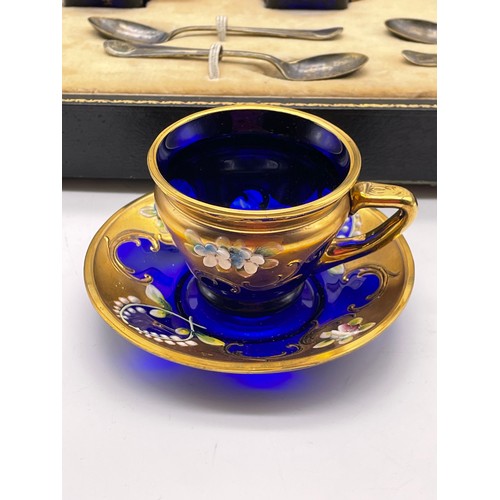 493 - BOXED SIX PIECE TREFUOCHI MURANO SAPPHIRE GLASS COFFEE SET WITH SIX SILVER SPOONS