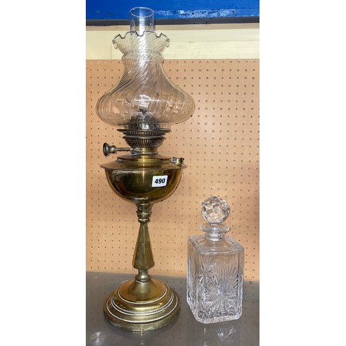 490 - BRASS JUNO OIL LAMP AND AN EDINBURGH CRYSTAL DECANTER