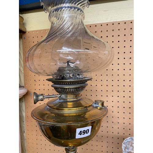 490 - BRASS JUNO OIL LAMP AND AN EDINBURGH CRYSTAL DECANTER