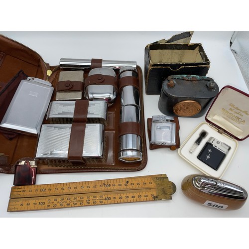 500 - MID CENTURY MENS GROOMING KIT, POST OFFICE SAVINGS BANK, AND SELECTION OF RONSON AND BRONICA INTERES... 