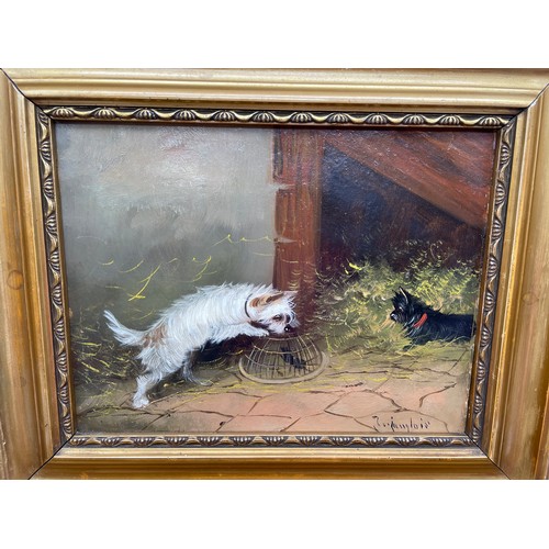 474 - JEROME LANGLOIS 1855-1904 CANVAS LAID ON BOARD PAINTING DEPICTING TERRIERS IN BARN BY MOUSE HOLE AND... 