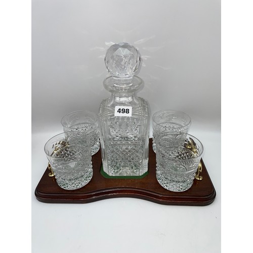 498 - STUART CRYSTAL TUMBLER AND DECANTER SET ON WOODEN SERVING TRAY