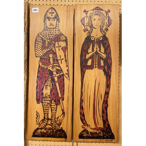 481 - PAIR OF POKER WORK WOODEN PANELS DEPICTING MEDIEVAL KNIGHT AND MAIDEN