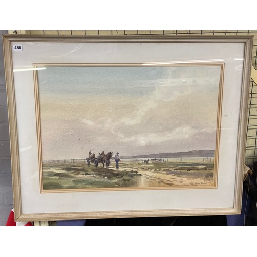 485 - ASHTON CANNELL (1927 - 1994) WATER COLOUR OF COCKLE PICKERS SIGNED FRAMED AND GLAZED