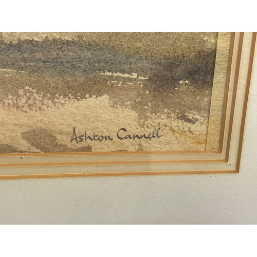 485 - ASHTON CANNELL (1927 - 1994) WATER COLOUR OF COCKLE PICKERS SIGNED FRAMED AND GLAZED