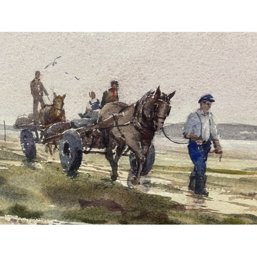 485 - ASHTON CANNELL (1927 - 1994) WATER COLOUR OF COCKLE PICKERS SIGNED FRAMED AND GLAZED