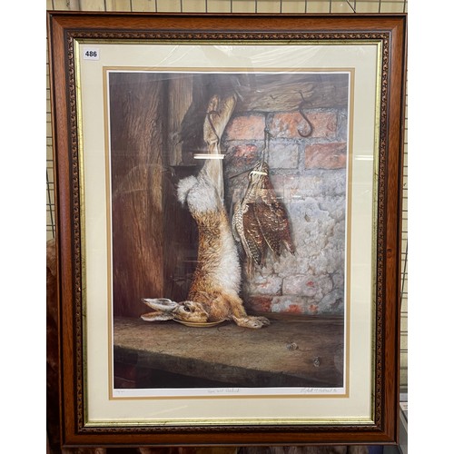 486 - ELIZABETH M HALSTEAD LIMITED EDITION PRINT 154/200 ENTITLED HARE AND WOODCOCK FRAMED AND GLAZED