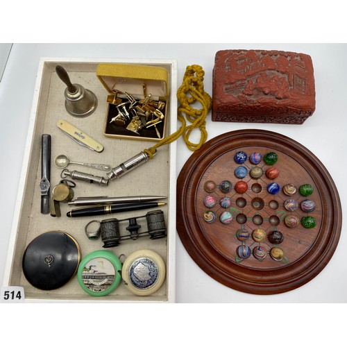 514 - TRAY CONTAINING POWDER COMPACT, ARP ACME AND GIRL GUIDE WHISTLES, SETS OF CUFF LINKS, CINNABAR EFFEC... 