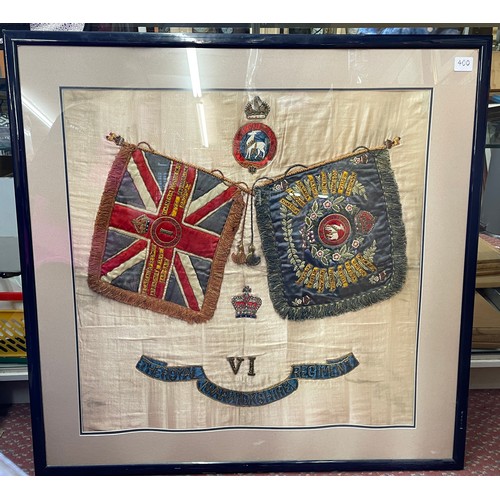 400 - EMBROIDERED NEEDLE WORK PANEL FOR THE ROYAL WARWICKSHIRE REGIMENT WITH EMBLEM FLAGS AND COLOURS FRAM... 