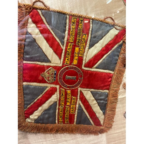 400 - EMBROIDERED NEEDLE WORK PANEL FOR THE ROYAL WARWICKSHIRE REGIMENT WITH EMBLEM FLAGS AND COLOURS FRAM... 