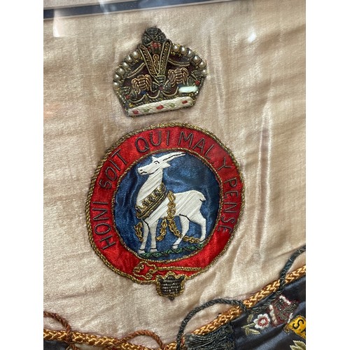 400 - EMBROIDERED NEEDLE WORK PANEL FOR THE ROYAL WARWICKSHIRE REGIMENT WITH EMBLEM FLAGS AND COLOURS FRAM... 