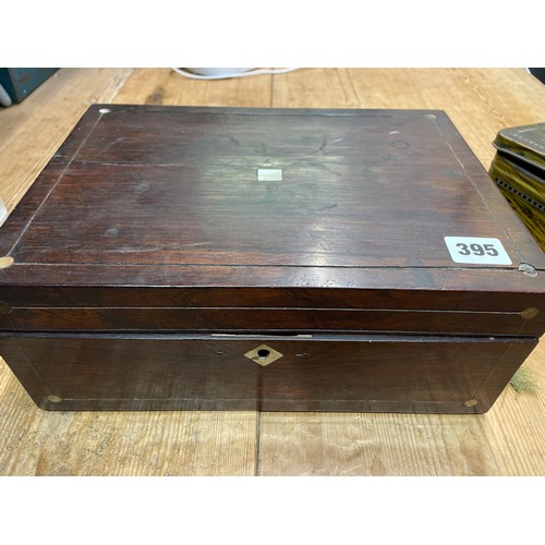 395 - 19TH CENTURY ROSEWOOD WORK BOX CONTAINING MISCELLANY OF GB AND WORLD COINS