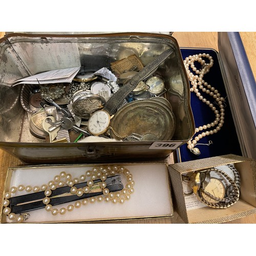 396 - VINTAGE ENAMEL TIN OF FLATWARE, LADIES AND GENTS WRIST WATCHES AND SOME SIMULATED PEARL CHOKERS