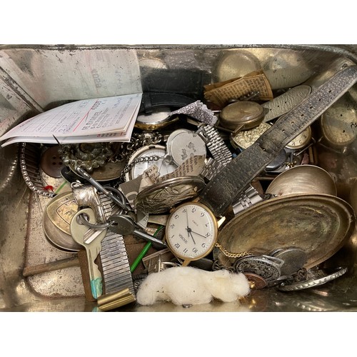 396 - VINTAGE ENAMEL TIN OF FLATWARE, LADIES AND GENTS WRIST WATCHES AND SOME SIMULATED PEARL CHOKERS