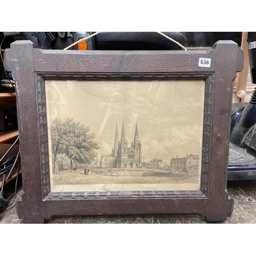 536 - ANTIQUARIAN PRINT OF LICHFIELD CATHEDRAL IN OAK OXFORD FRAME